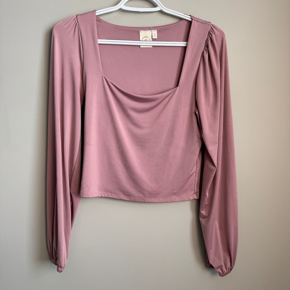 Live In The Moment Square Neck‎ Long Sleeve Puff Shoulder Crop Top Mauve Pink M